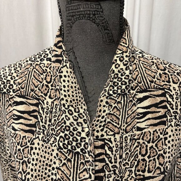Jacqueline Ferrar Silk Blouse Womens Size 6 Animal Print Button-Up Brown Black - Picture 5 of 8